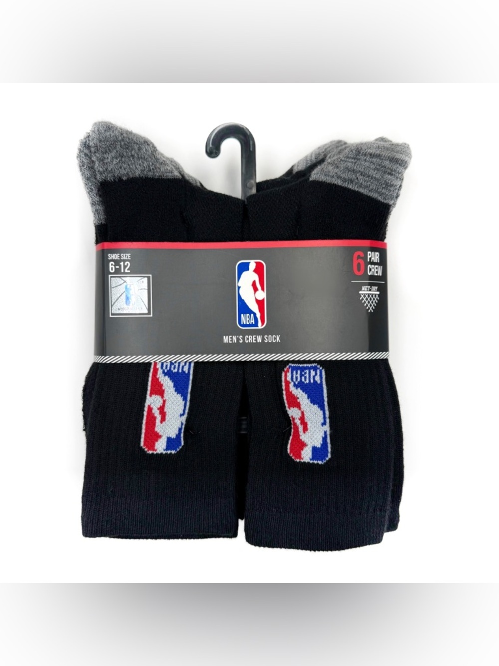 New NBA Logo Crew Socks Black Gray 6 Pairs Mens Sizes 6-12 Athletic Athleisure